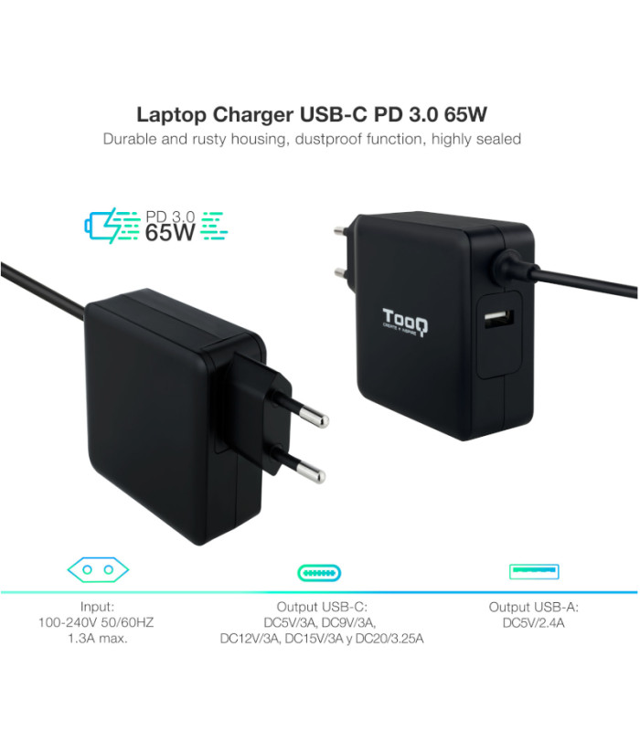 Tooq Cargador portátil conector USB-C 65W