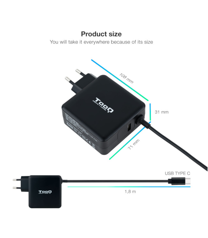 Tooq Cargador portátil conector USB-C 65W