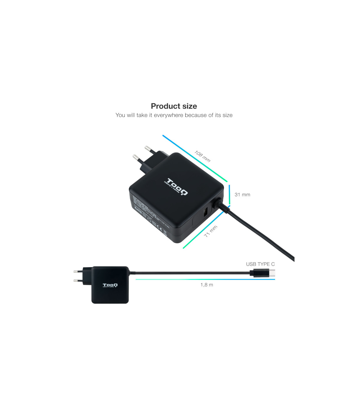 Tooq Cargador portátil conector USB-C 65W