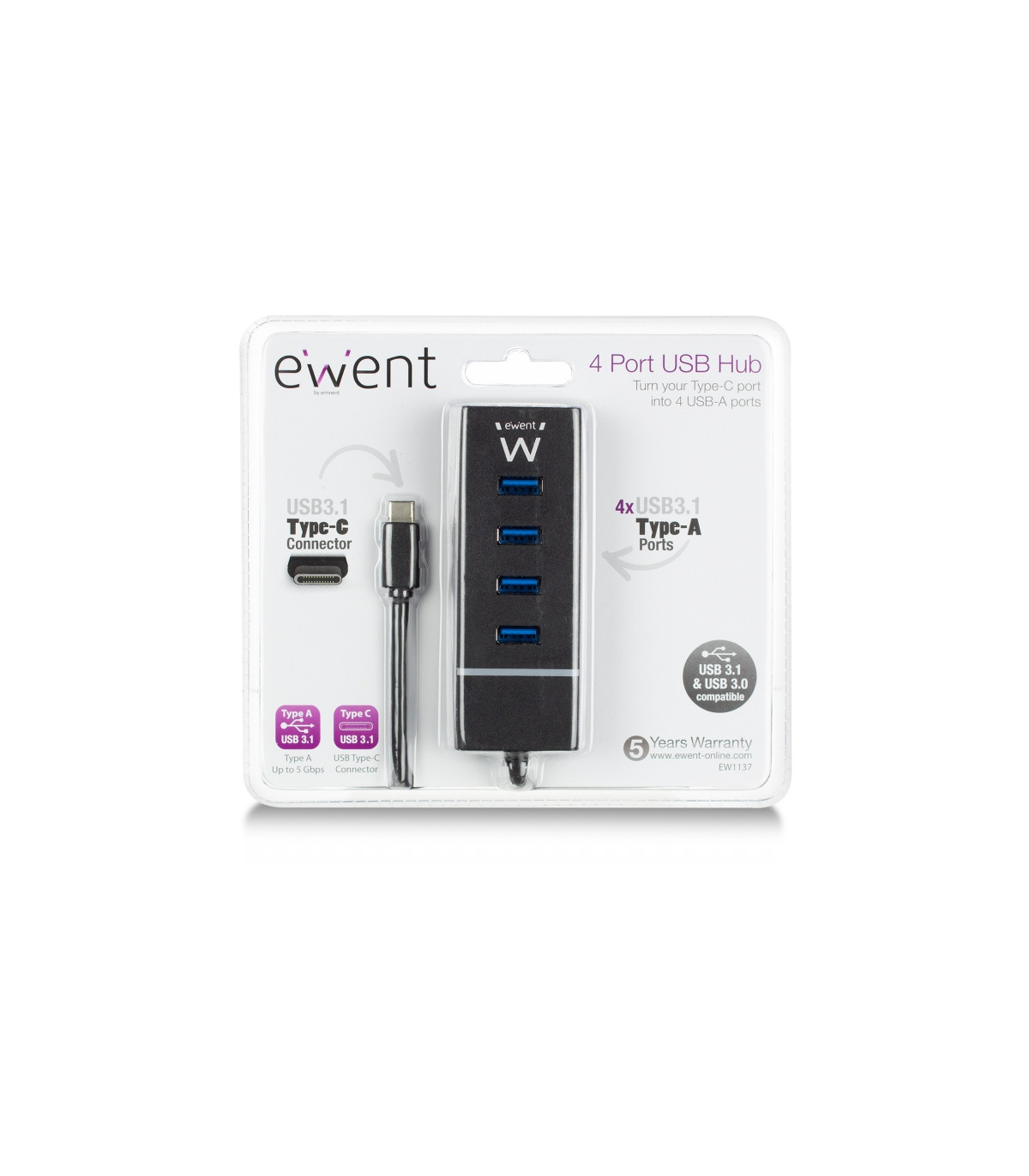 Ewent E1137 HUB USB TIPO C 4 PUEROS USB 3.1