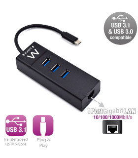 EWENT EW1141 Hub Tipo-C 3Pts.USB 3.1+1pto. GIGABIT
