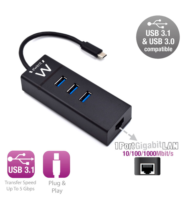 EWENT EW1141 Hub Tipo-C 3Pts.USB 3.1+1pto. GIGABIT