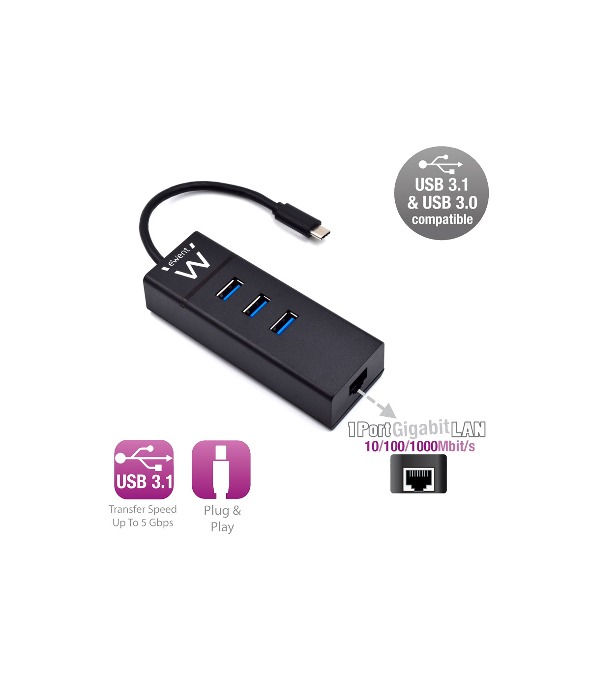 EWENT EW1141 Hub Tipo-C 3Pts.USB 3.1+1pto. GIGABIT