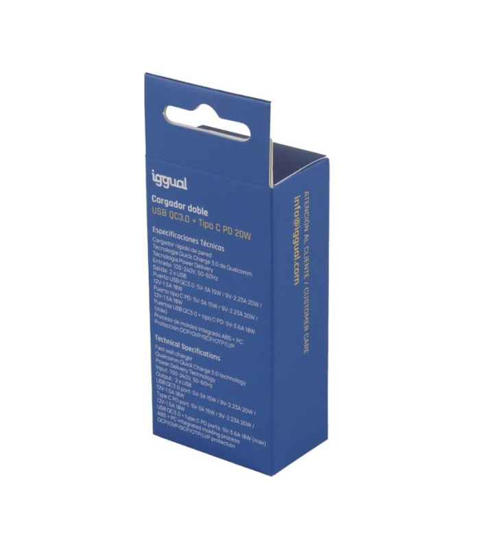 iggual Cargador doble USB QC3.0 + tipo C PD 20W