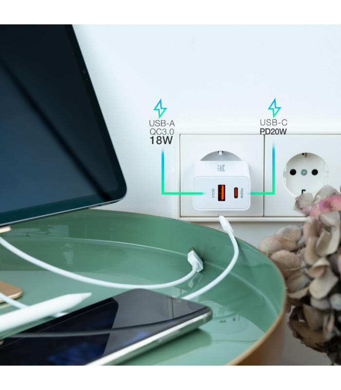 Tooq Cargador de pared doble USB-C PD+ USB A