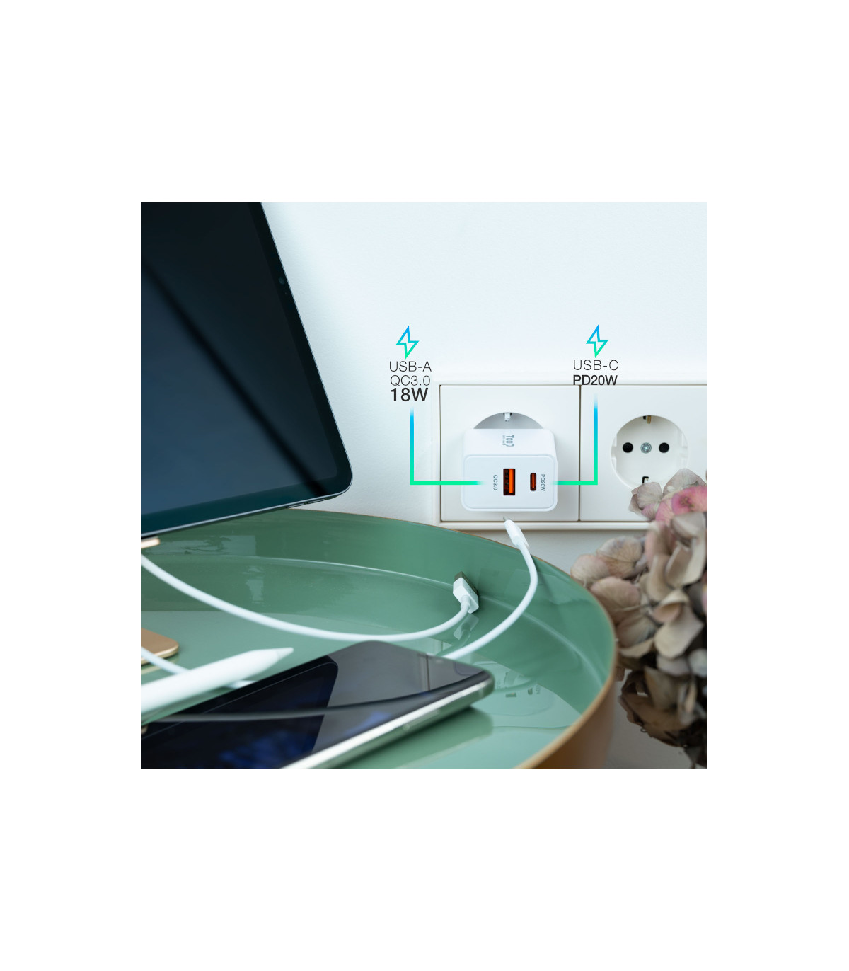 Tooq Cargador de pared doble USB-C PD+ USB A
