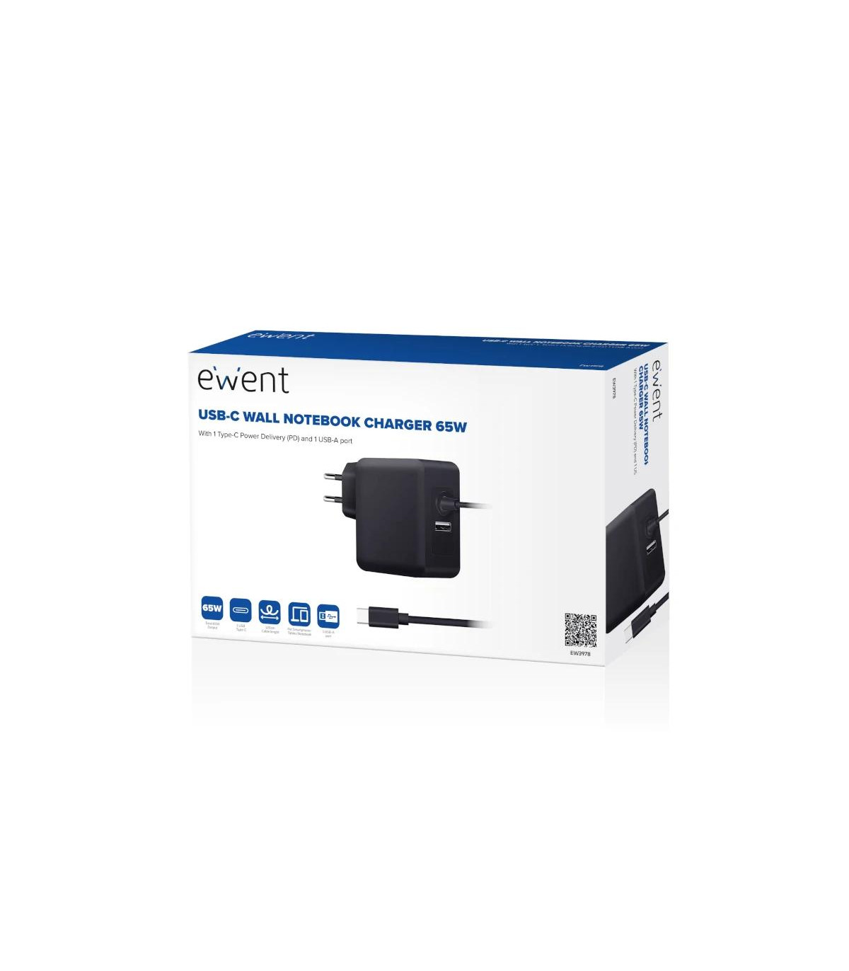 EWENT Cargador USB-C PD 45W +Puerto usb-A