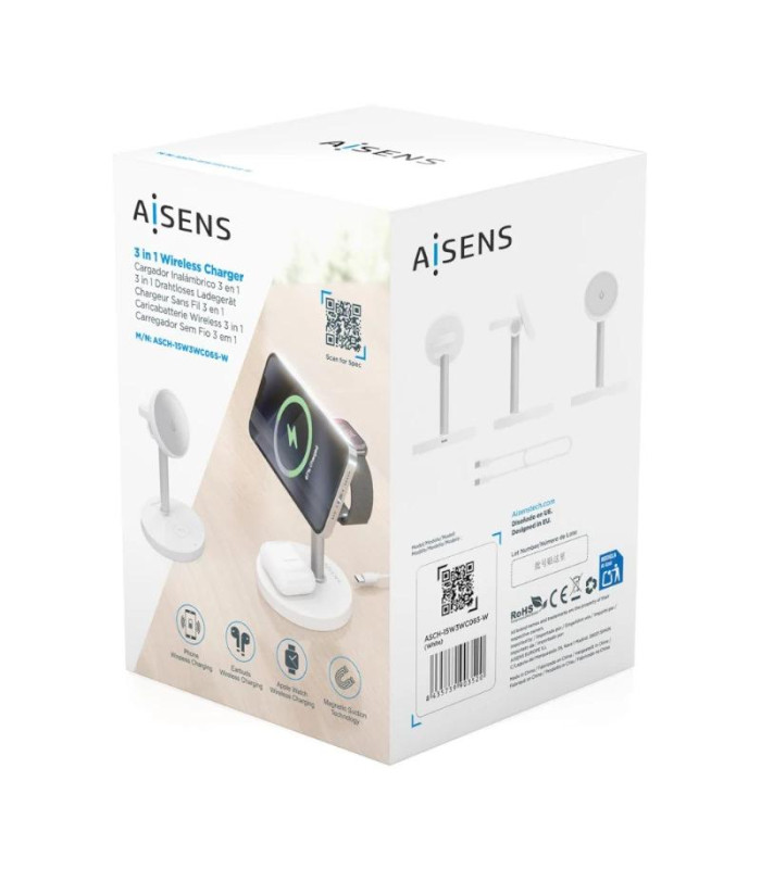 Aisens Cargador Inalámbrico USBC 15W 3 en 1 Blanco