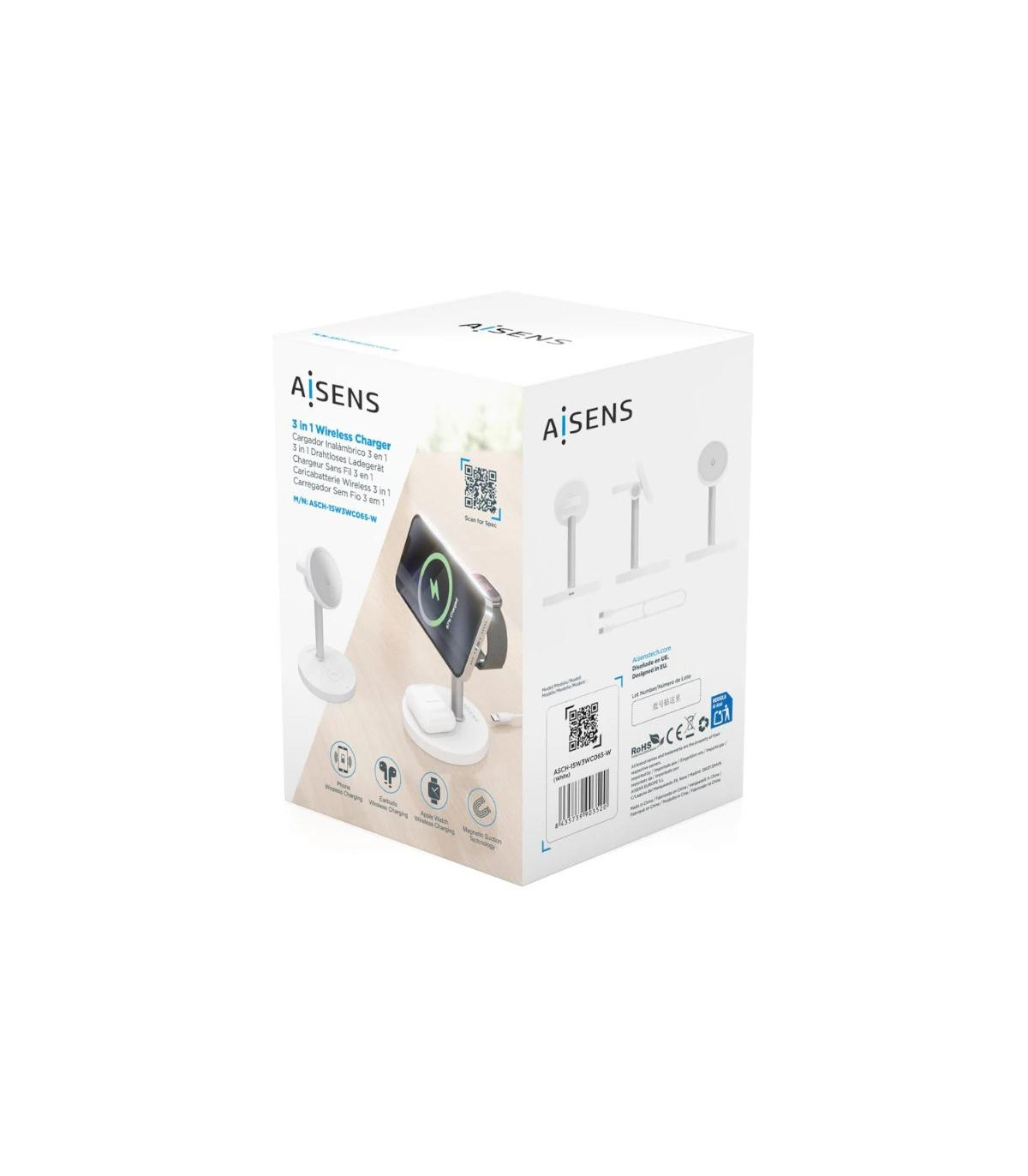 Aisens Cargador Inalámbrico USBC 15W 3 en 1 Blanco
