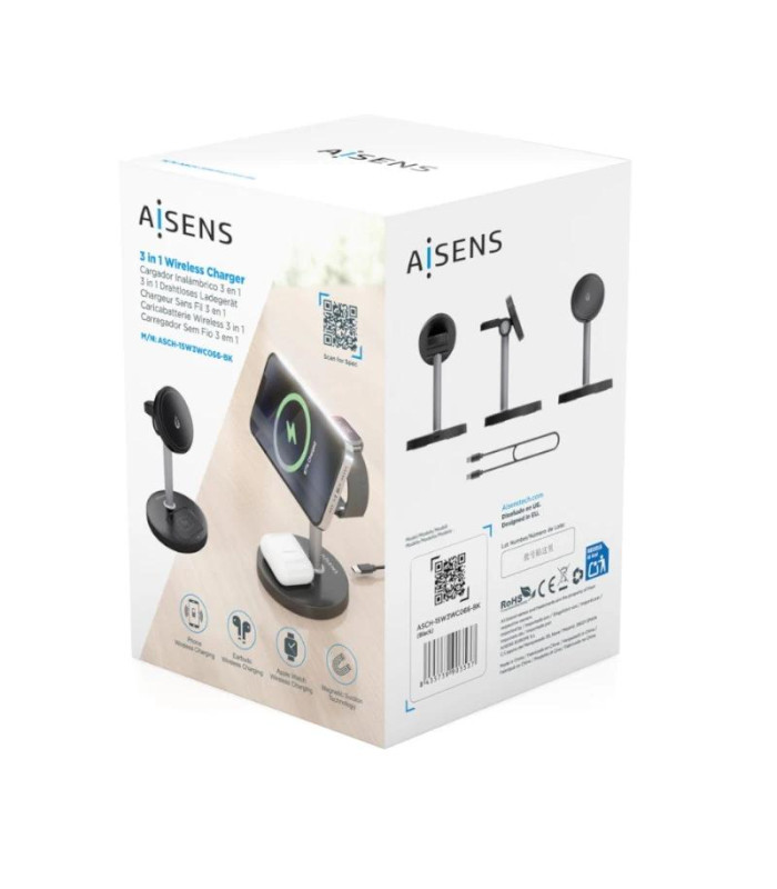 Aisens Cargador Inalámbrico USBC 15W 3 en 1 Negro