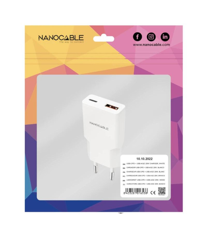 Nanocable Cargador USB-C/PD + USB-A/QC 20W Blanco
