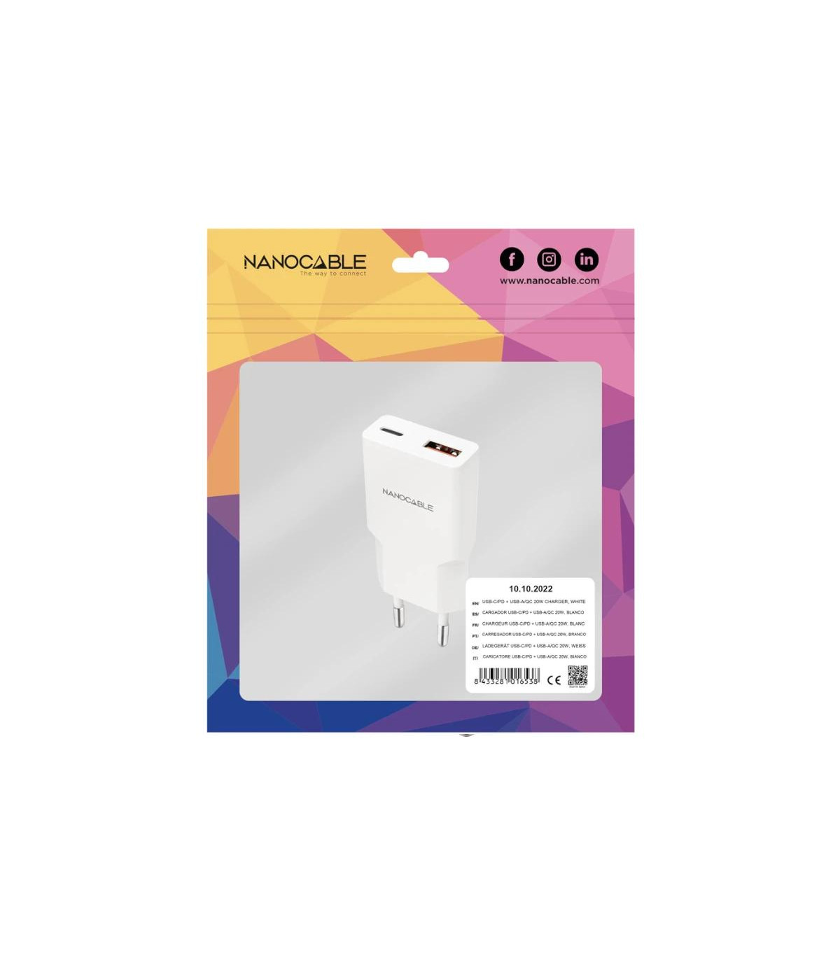 Nanocable Cargador USB-C/PD + USB-A/QC 20W Blanco