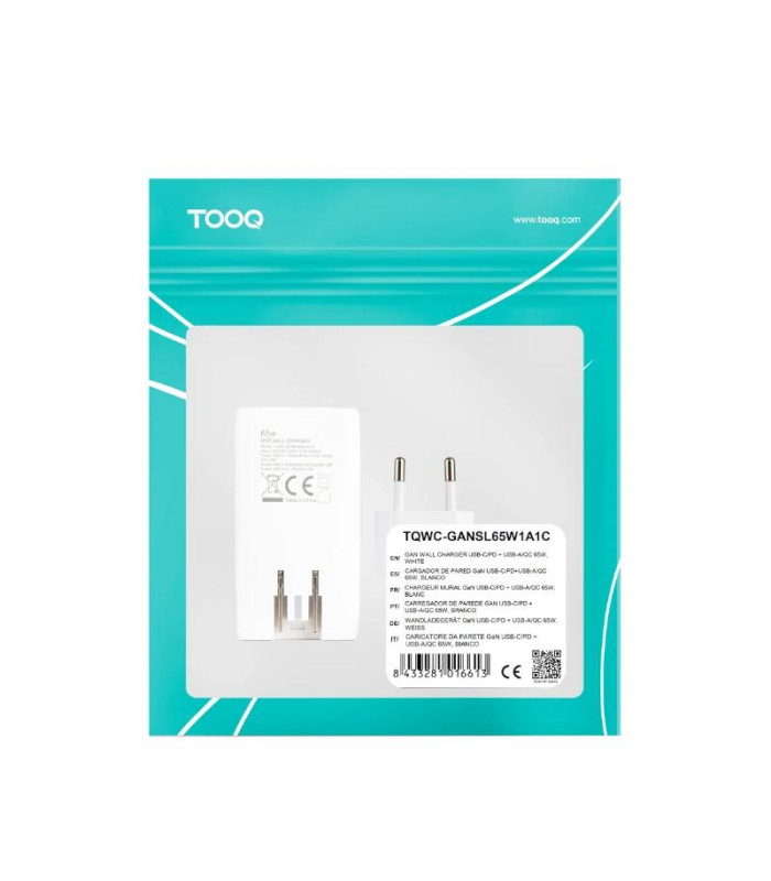 Tooq Cargador pared GAN USB-C/PD + USB-A/QC 65W