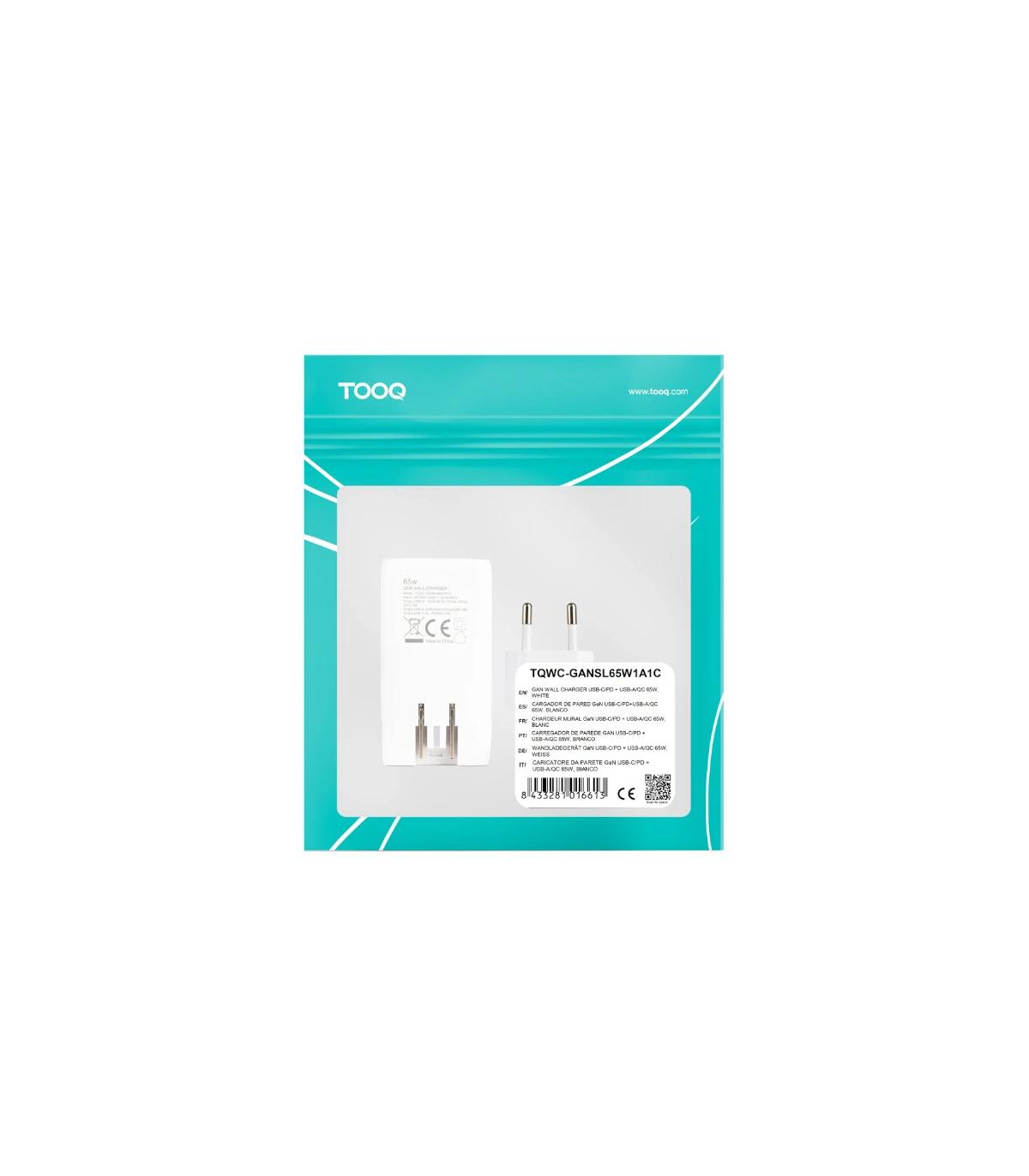 Tooq Cargador pared GAN USB-C/PD + USB-A/QC 65W