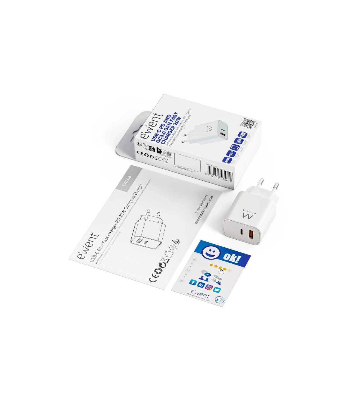 EWENT EW1318 Cargador rápido USB-C PD 20W USB-A QC