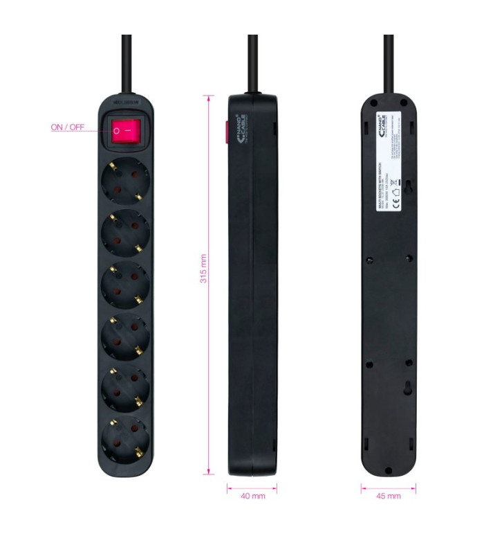 Nanocable Regleta 6 tomas con interruptor Negro