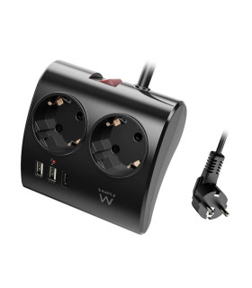 EWENT EW3871 Regleta 2 Shucko 2 Usb-A 1 Usb-C Neg