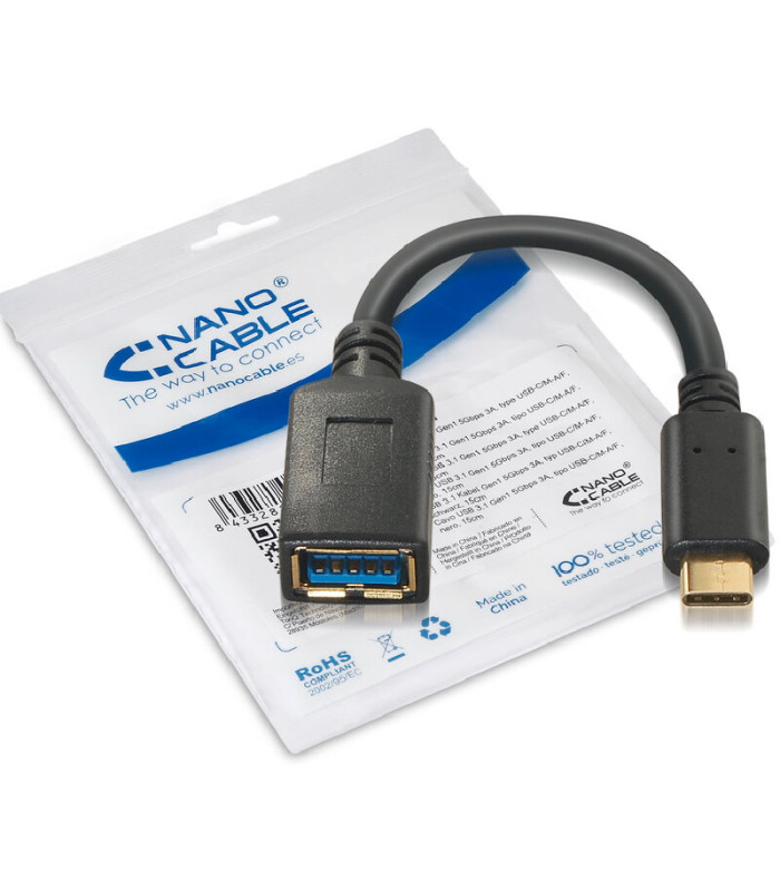 Nanocable Cable USB 3.1 Gen1 3A, USB-C/M-A/F, 15cm