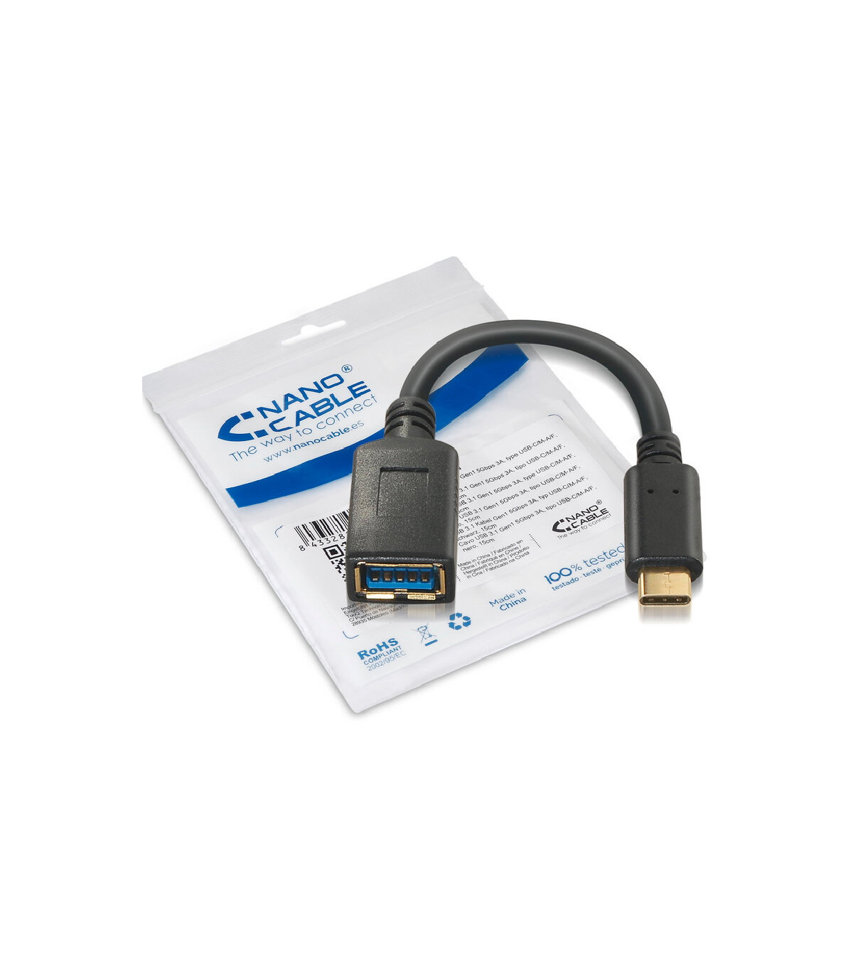 Nanocable Cable USB 3.1 Gen1 3A, USB-C/M-A/F, 15cm