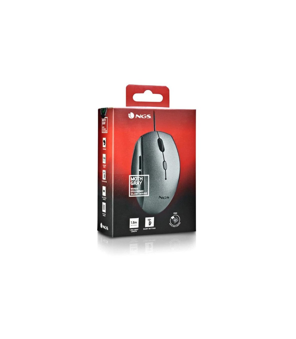 NGS WIRED ERGO SILENT MOUSE + USB TYPE C ADAP GRAY