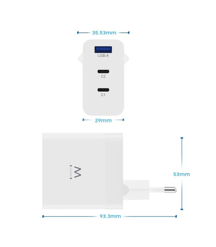 EWENT Cargador carga rapido 65w usb-c y usb-a