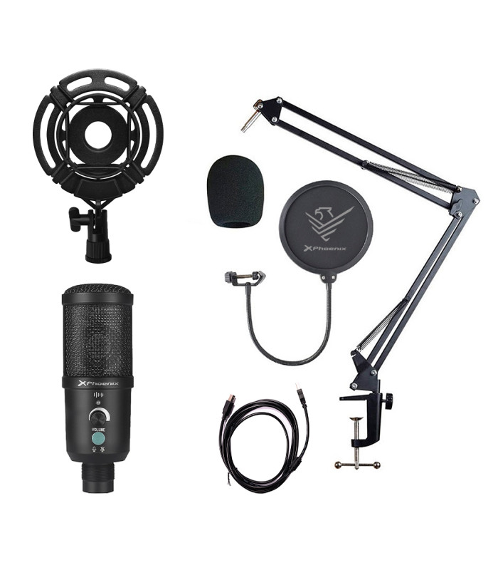 Kit microfono phoenix streamcast pro gaming conector usb - brazo articulado - filtro antipop y montura antivibración