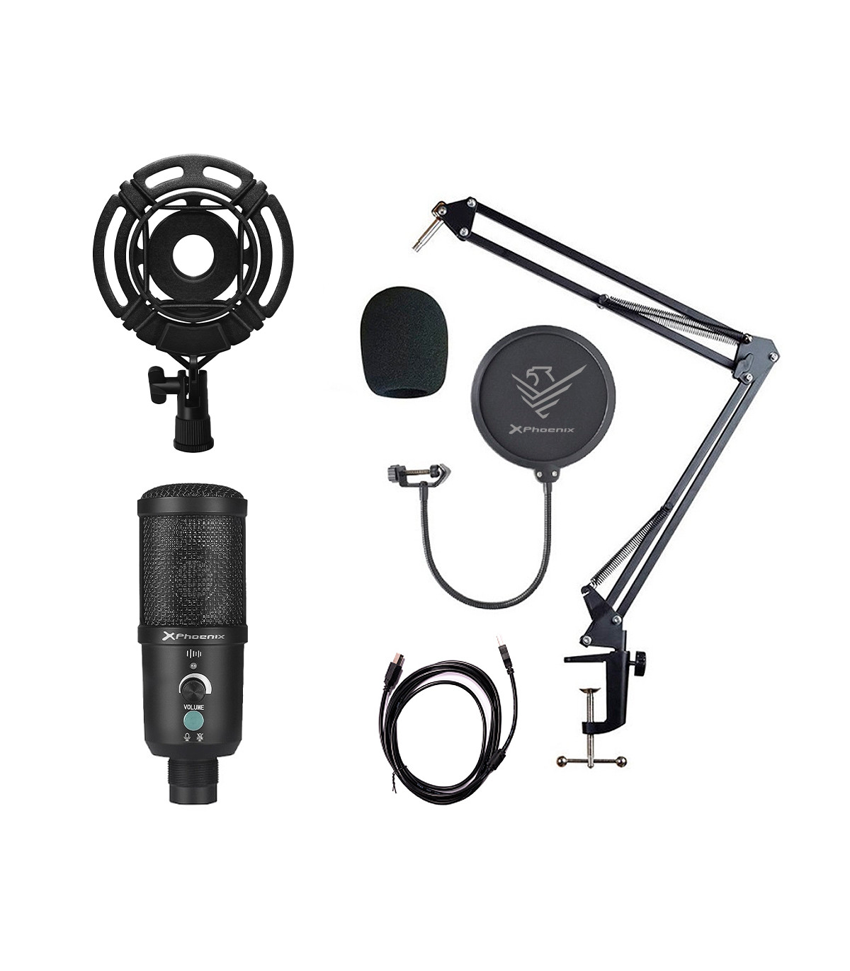 Kit microfono phoenix streamcast pro gaming conector usb - brazo articulado - filtro antipop y montura antivibración
