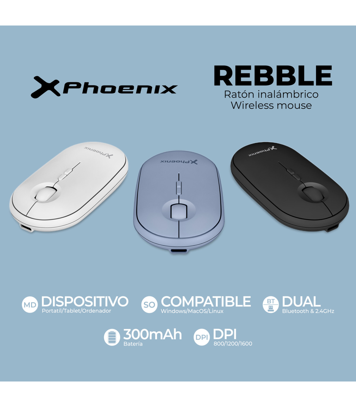 Ratón inalambrico rebble bluetooth y 2.4 ghz hasta 3 dispositivos con receptor usb clic silencioso para portátil notebook pc cho