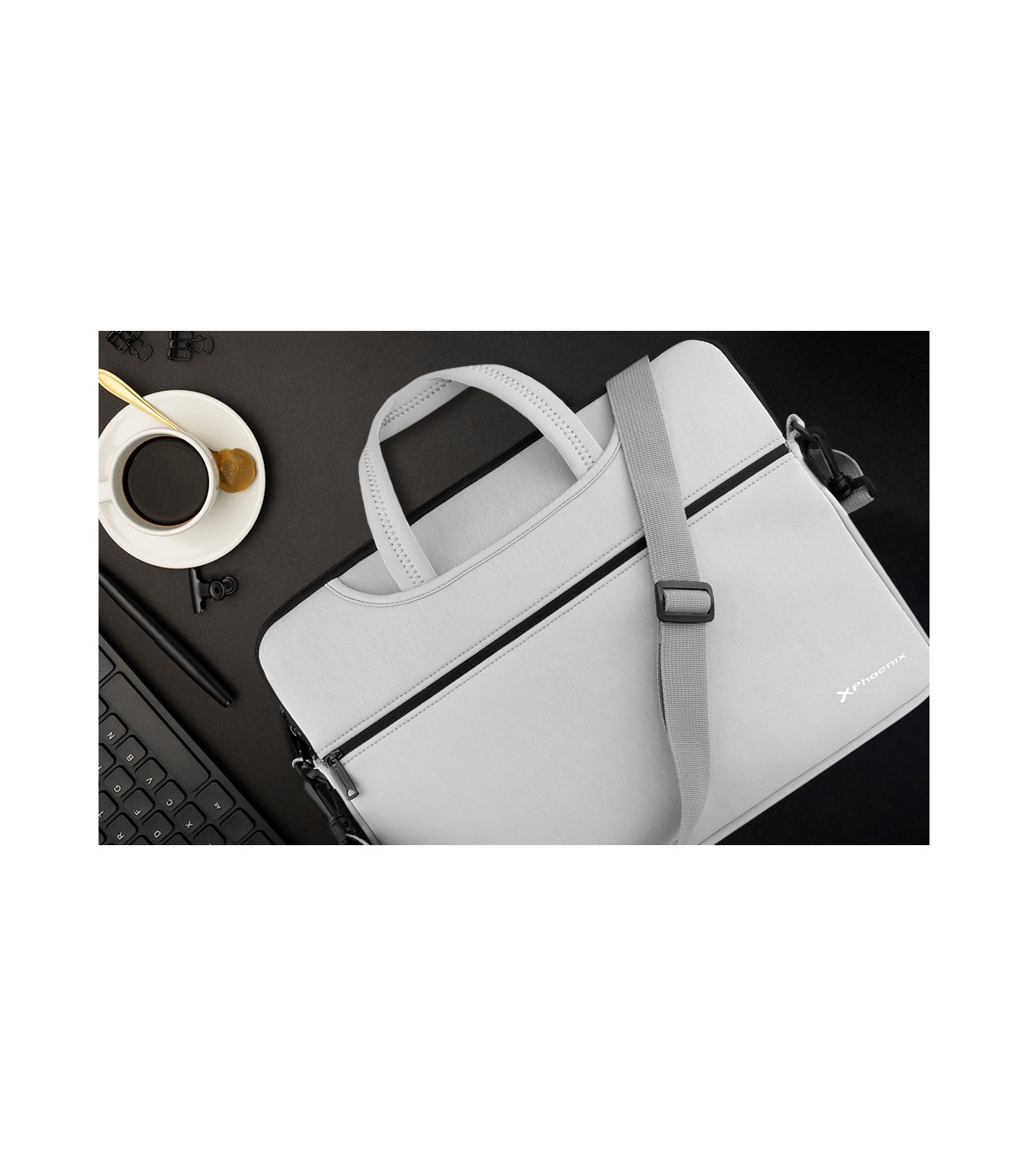 Funda maletin neopreno phoenix para portátil o tablet hasta 14 pulgadas interior terciopelo gris