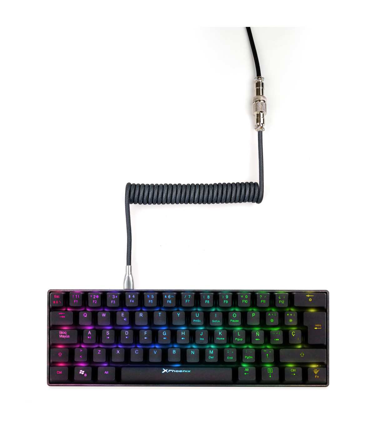 Phoenix kioru cable aviador en espiral con conector tipo c para teclados gaming negro y gris