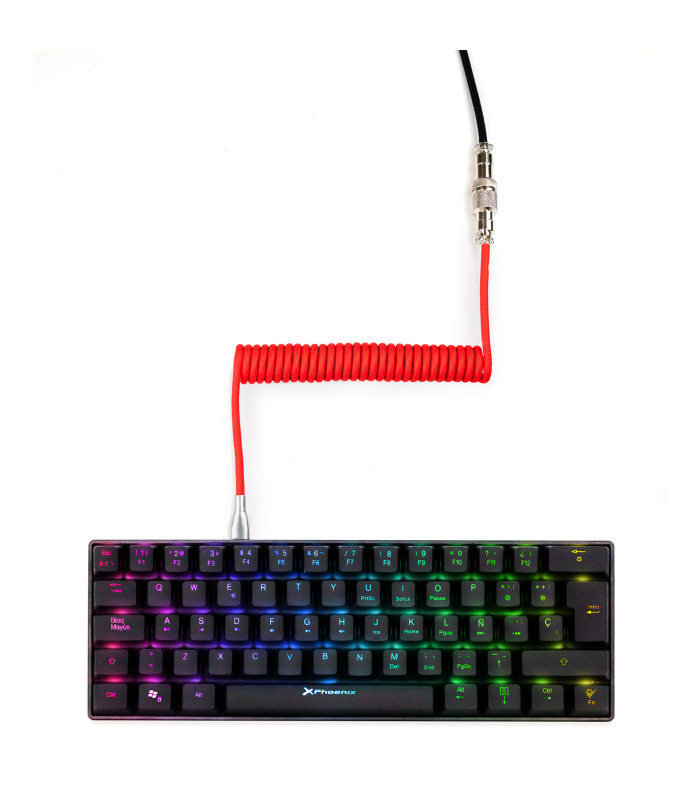 Phoenix kioru cable aviador en espiral con conector tipo c para teclados gaming negro y rojo