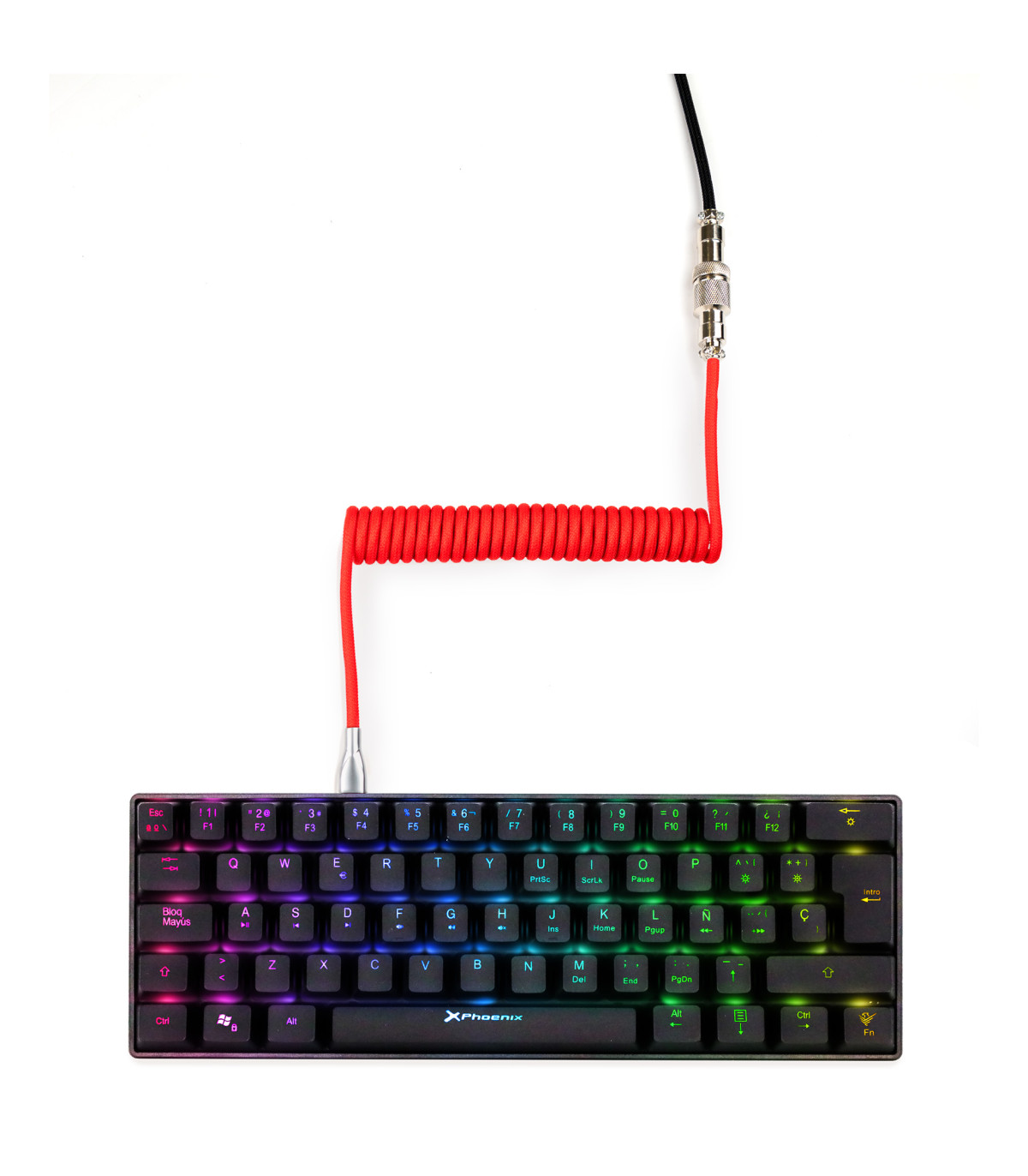 Phoenix kioru cable aviador en espiral con conector tipo c para teclados gaming negro y rojo