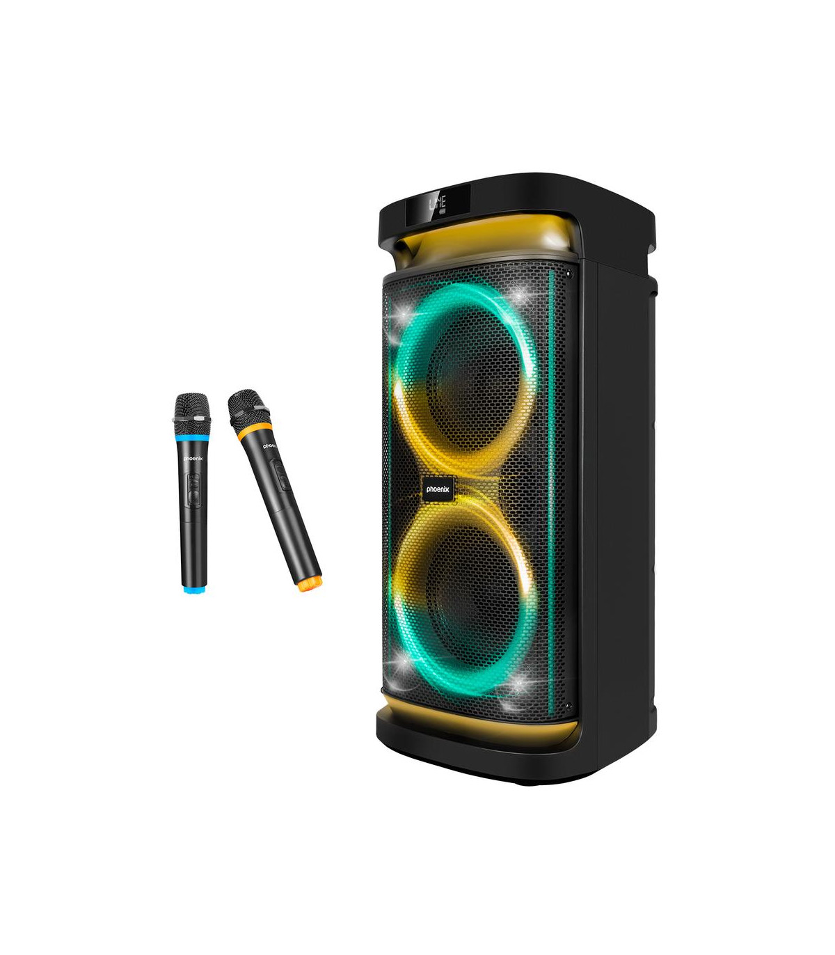 Altavoz rumbleboss phoenix 80w rms batería 4000 mah función karaoke 2 microfonos inalambricos incluidos