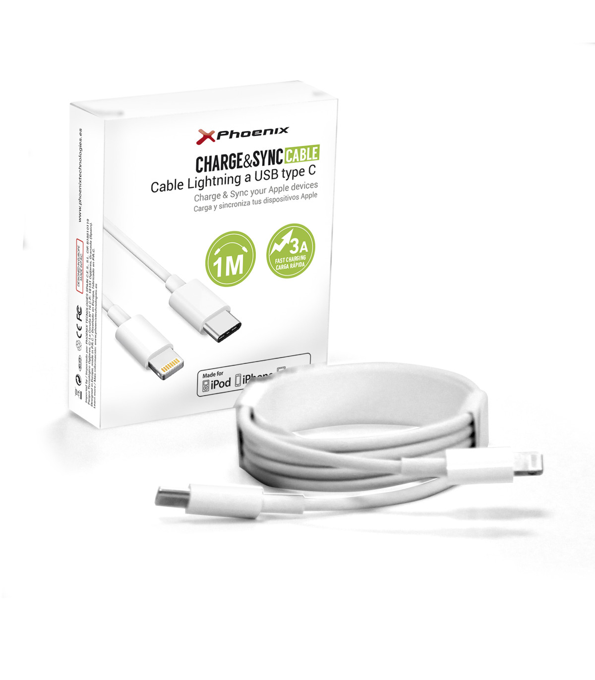 Cable mfi de carga rapida 3a y datos usb -  lightning para iphone ipad 1 m
