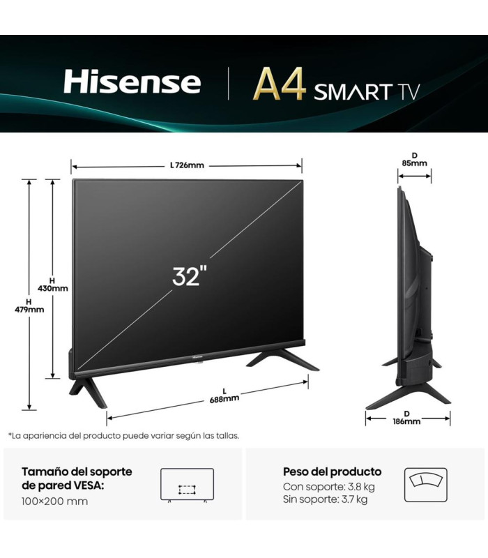 Tv hisense 32 pulgadas led hd ready - 32a4q - smart tv