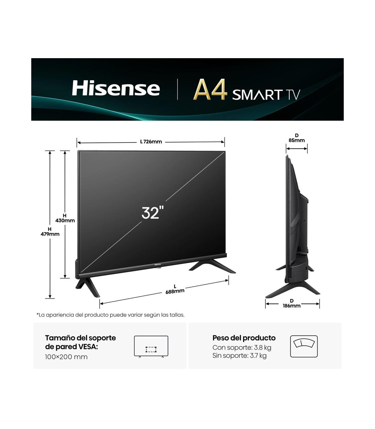 Tv hisense 32 pulgadas led hd ready - 32a4q - smart tv