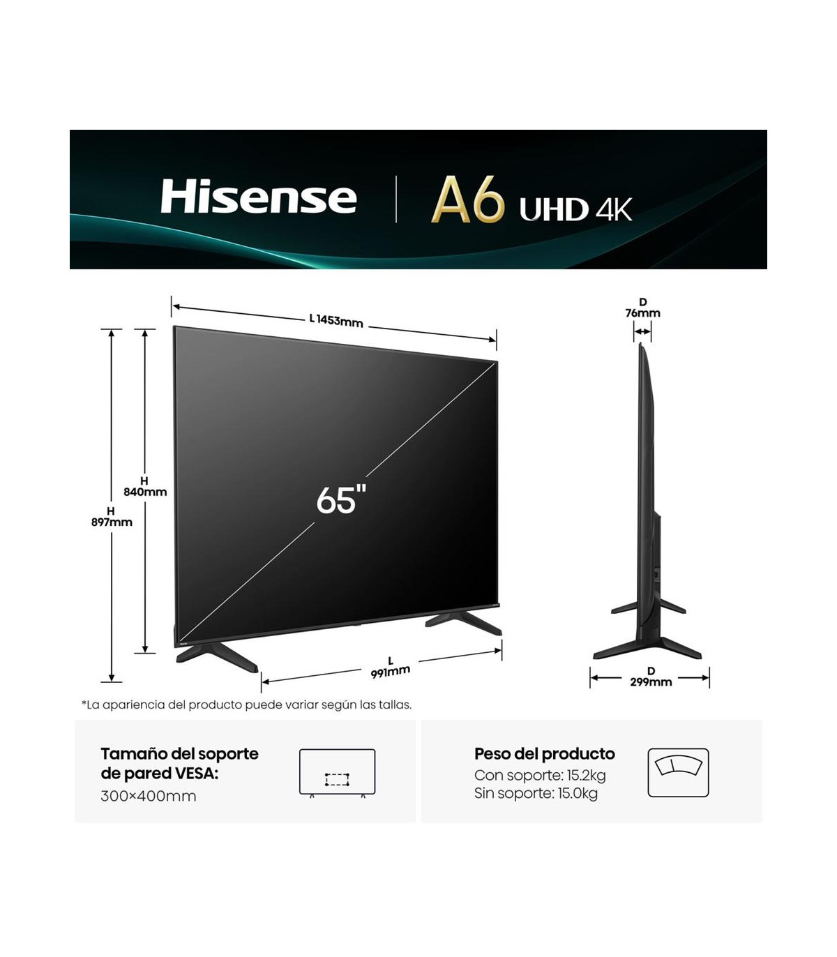 Tv hisense 65 pulgadas led 4k uhd - 65a6q - smart tv