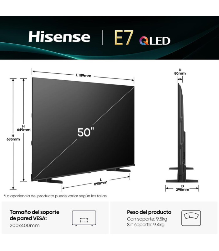 Tv hisense 50 pulgadas qled 4k uhd - 50e7q - smart tv