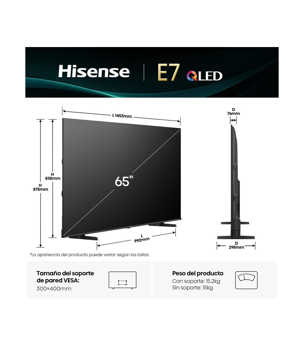 Tv hisense 65 pulgadas qled 4k uhd - 65e7q - smart tv