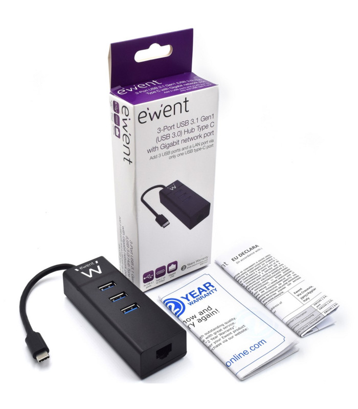 Hub usb ewent 3 puertos - usb 3.1 gen1 - puerto rj45 - negro