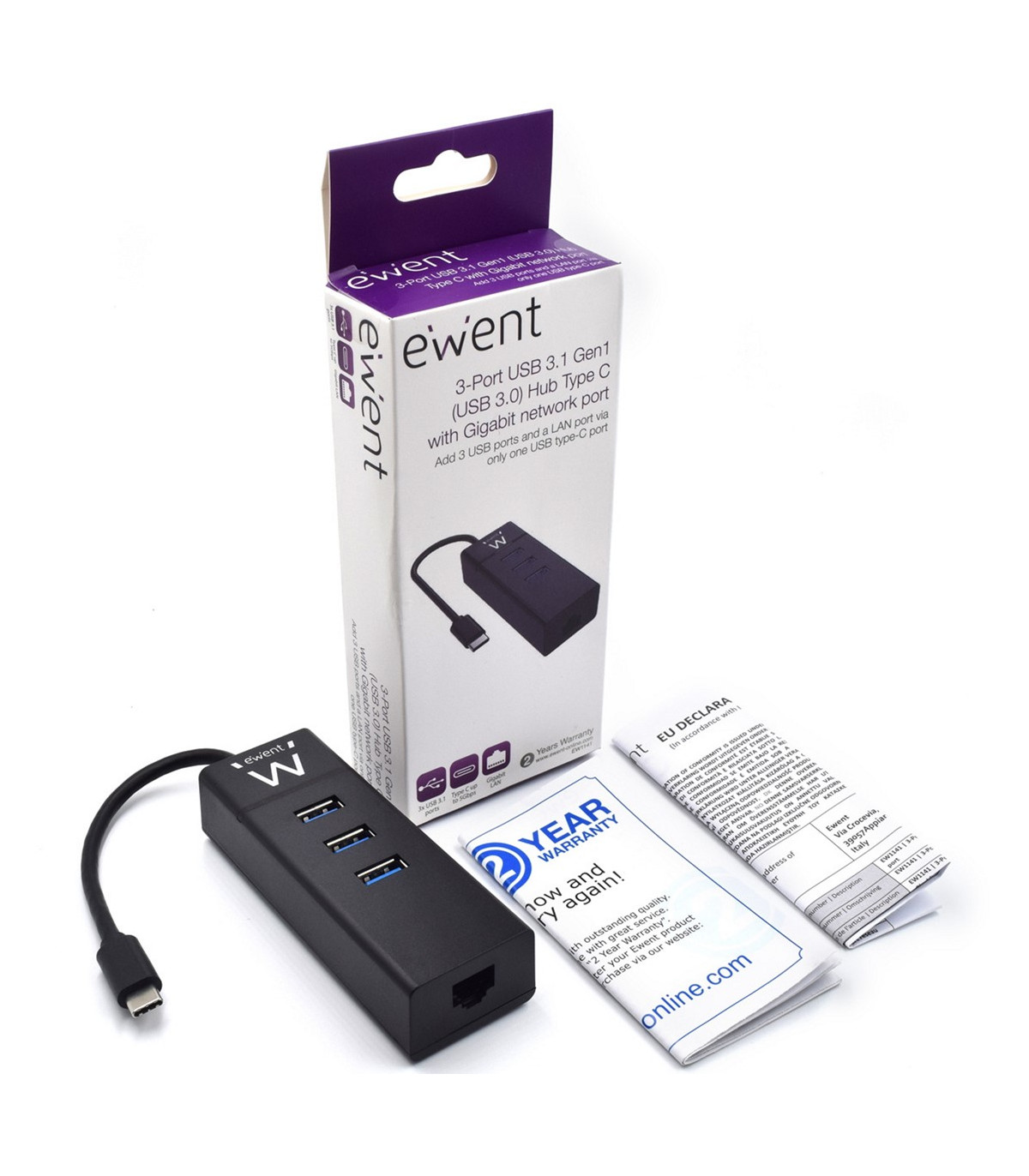 Hub usb ewent 3 puertos - usb 3.1 gen1 - puerto rj45 - negro