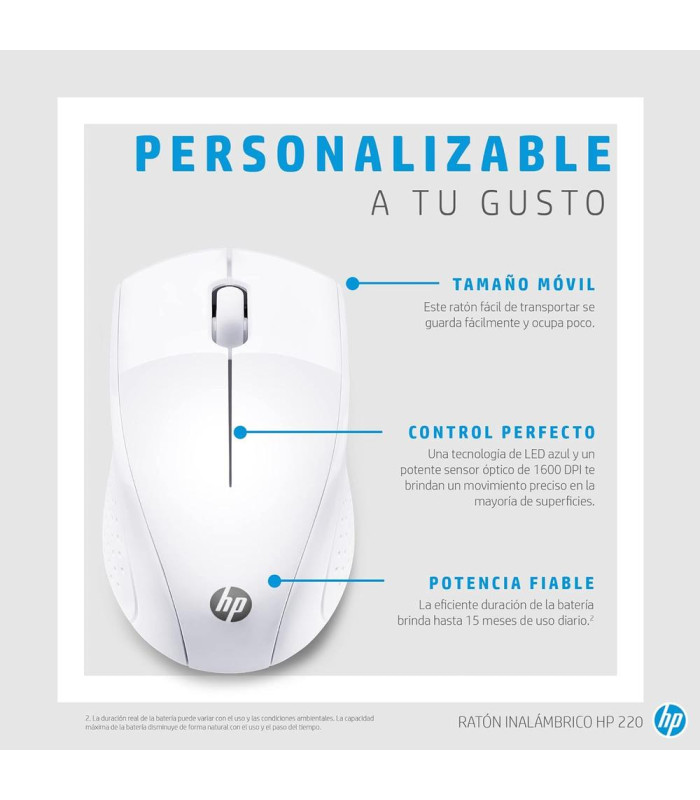 Raton inalambrico hp optico wireless 220 -  hasta 1600dpi -  blanco nieve