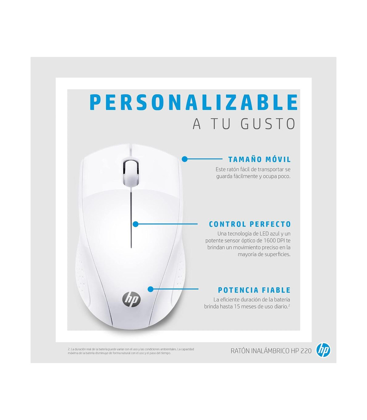 Raton inalambrico hp optico wireless 220 -  hasta 1600dpi -  blanco nieve