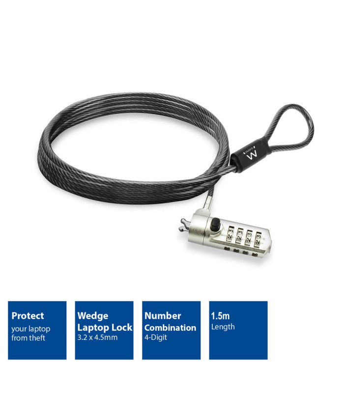 Cable de seguridad con candado ewent ew1243 para portatil con combinacion de numeros