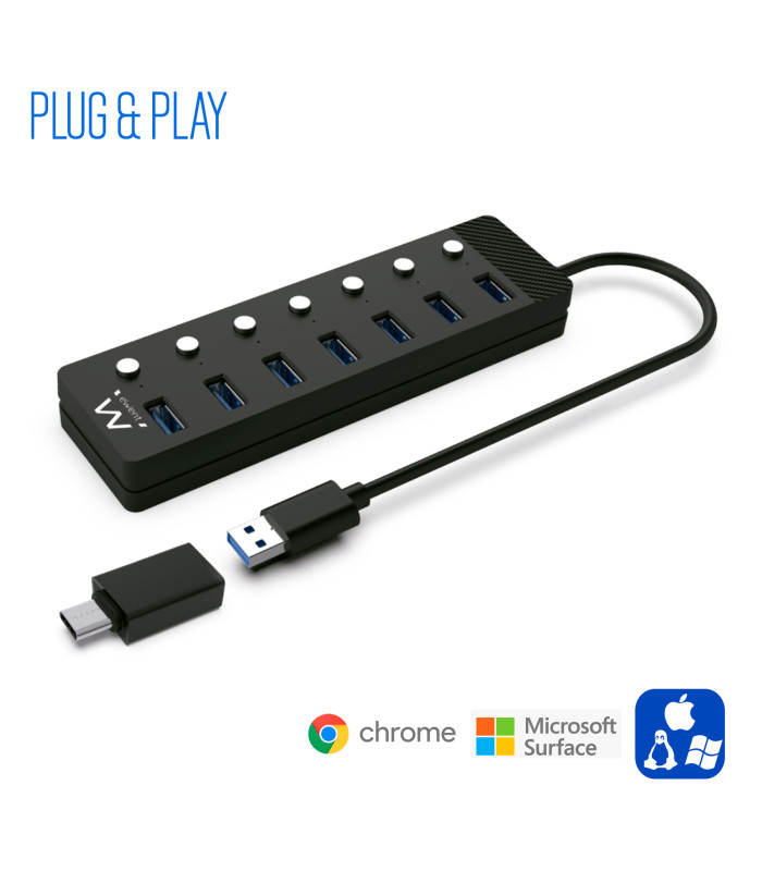 Hub ewent 7 puertos usb 3.0 + interruptor - usb tipo a + adaptador usb tipo c