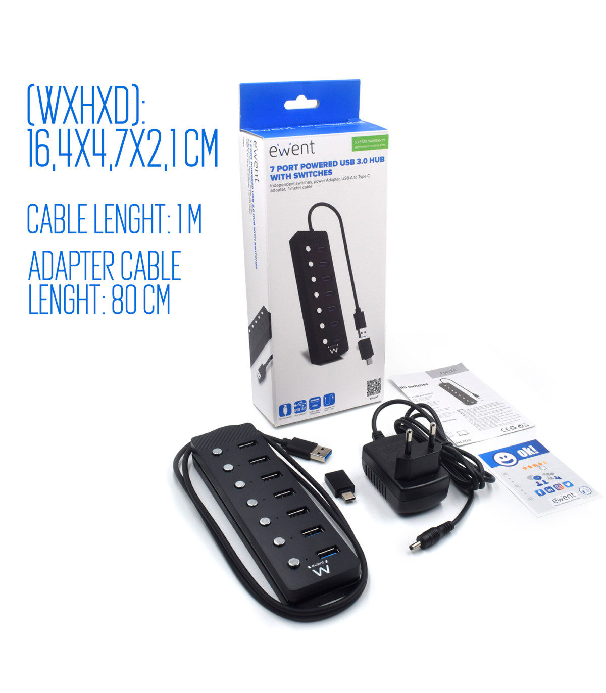 Hub ewent 7 puertos usb 3.0 + interruptor - usb tipo a + adaptador usb tipo c