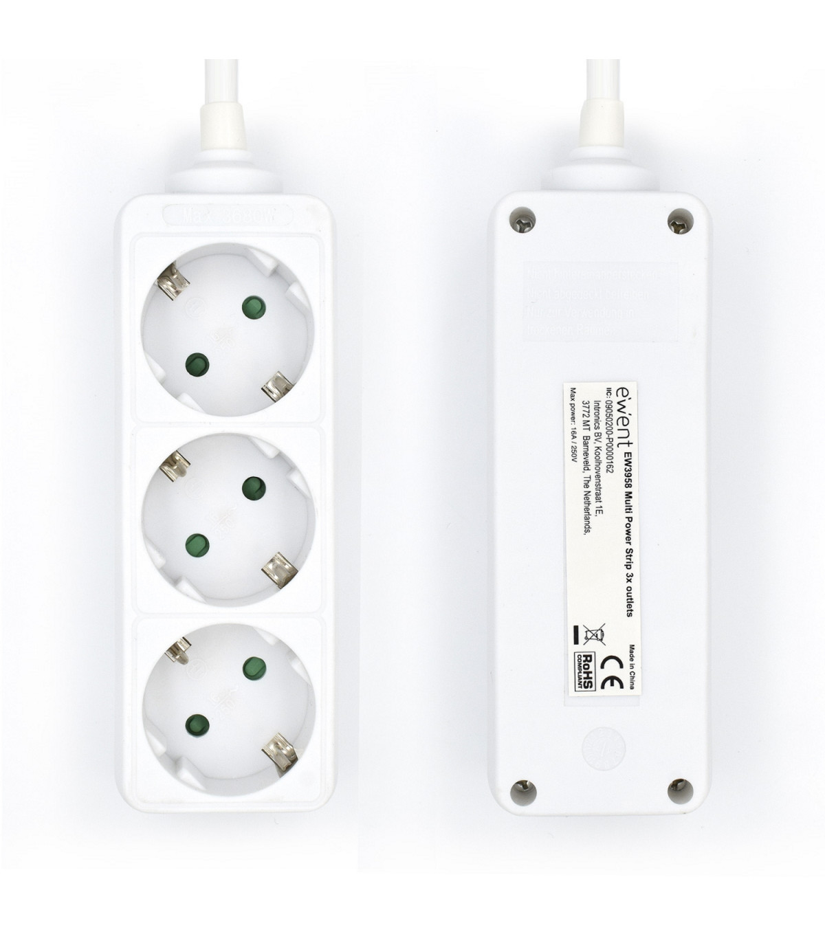 Regleta ewent 3 tomas shucko y 1.5 metros de cable blanco