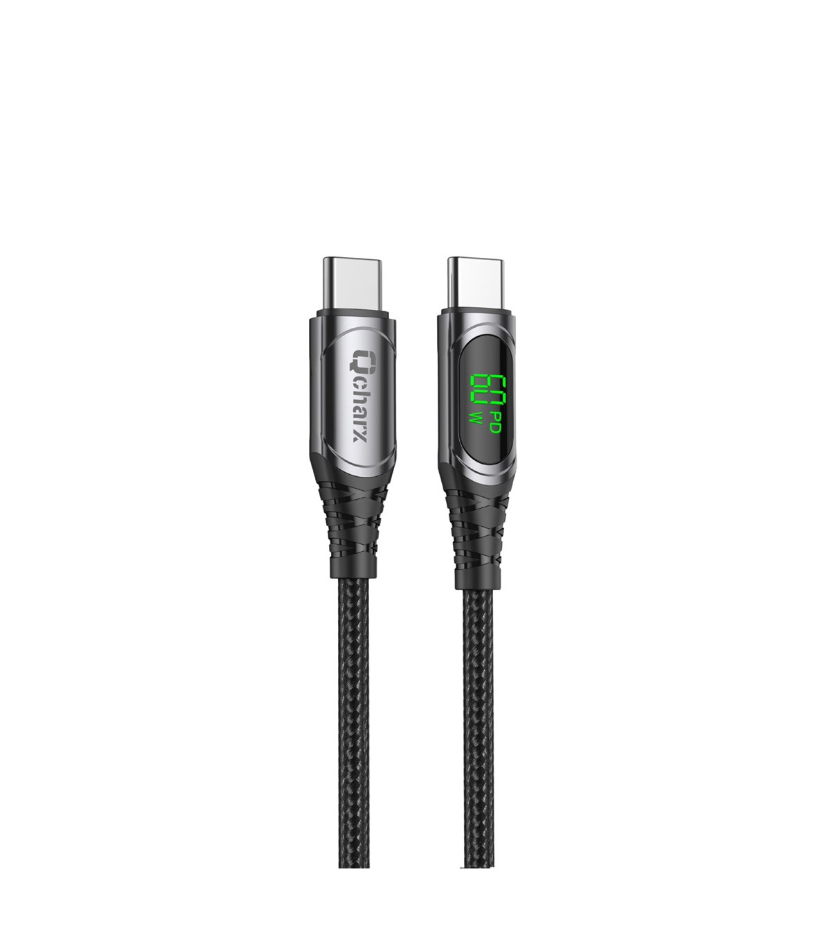 Cable qcharx ibiza tipo c a tipo c 3a 60w - 1 m - aleación aluminio negro cable suave digital display