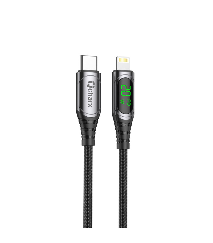 Cable qcharx mallorca tipo c a lightning 3a 20w - 1 m - aleación aluminio negro  cable tela digital display
