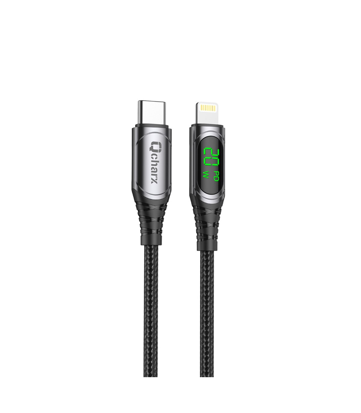 Cable qcharx mallorca tipo c a lightning 3a 20w - 1 m - aleación aluminio negro  cable tela digital display